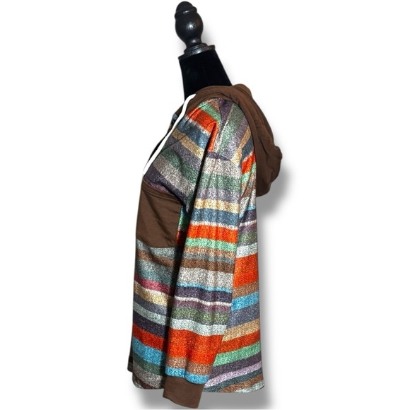 Striped Multicolor Button Up Brown Hood and Front Pocket Long Sleeve Sweater - Picture 5 of 16